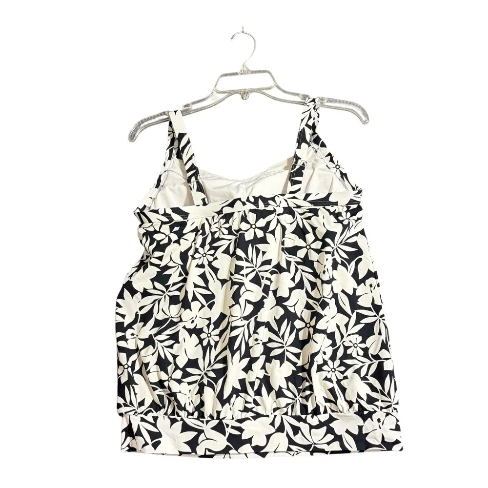 Lands End Womens Black White Floral Blouson Tankini Swim Top Size 8 522625
